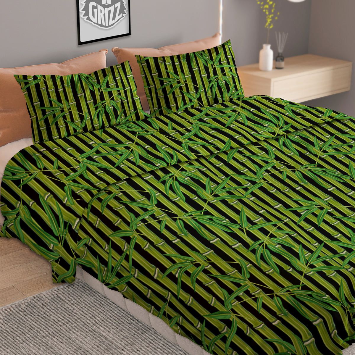 Green Bamboo And Leaves Print Pattern Duvet Cover Bedding Set