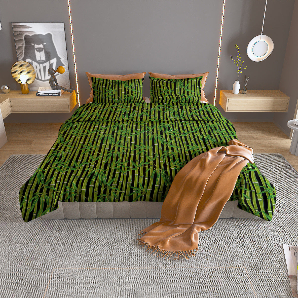 Green Bamboo And Leaves Print Pattern Duvet Cover Bedding Set