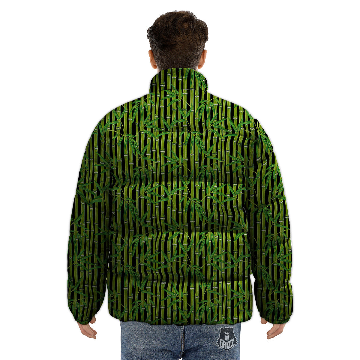 Green Bamboo And Leaves Print Pattern Puffer Jacket-grizzshop