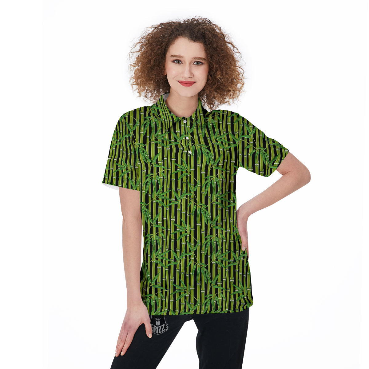 Green Bamboo And Leaves Print Pattern Women's Golf Shirts-grizzshop
