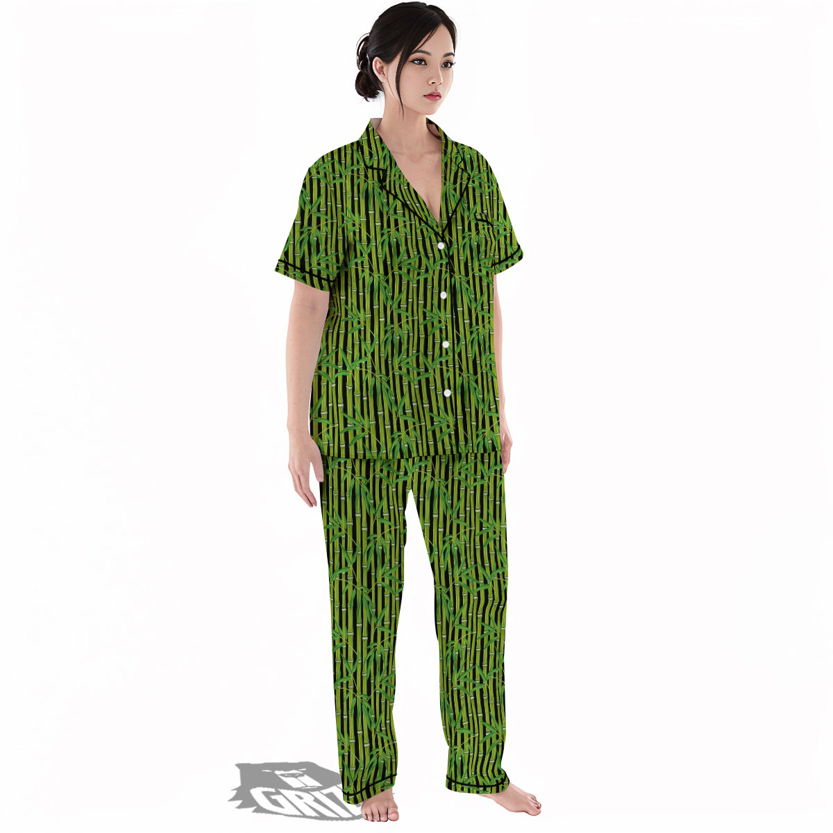 Green Bamboo And Leaves Print Pattern Women's Pajamas Set-grizzshop