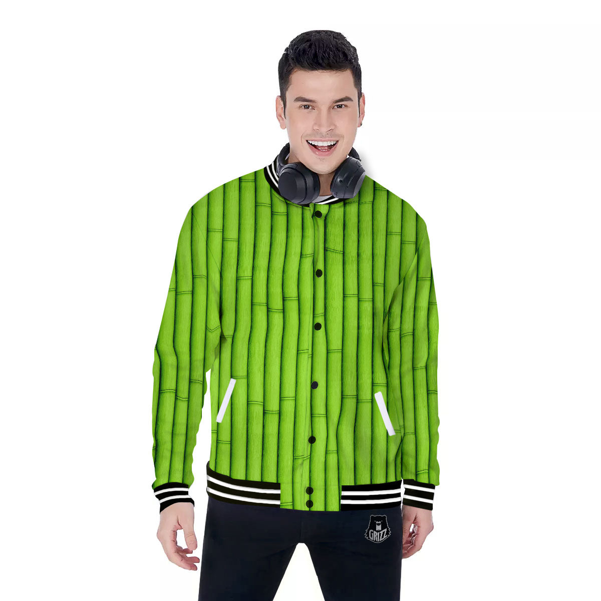 Green Bamboo Print Baseball Jacket-grizzshop