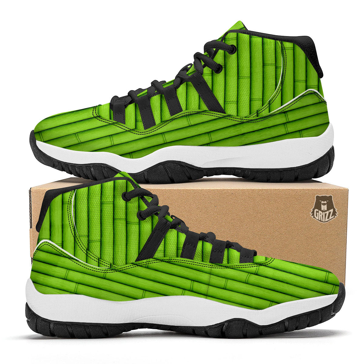 Green Bamboo Print Black Bball Shoes-grizzshop