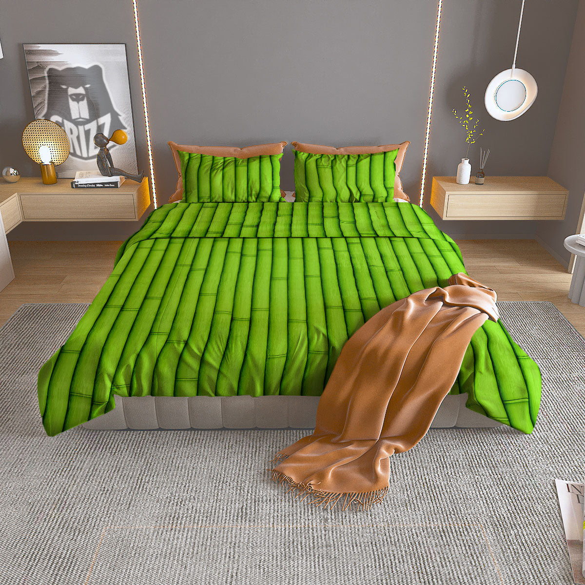 Green Bamboo Print Duvet Cover Bedding Set