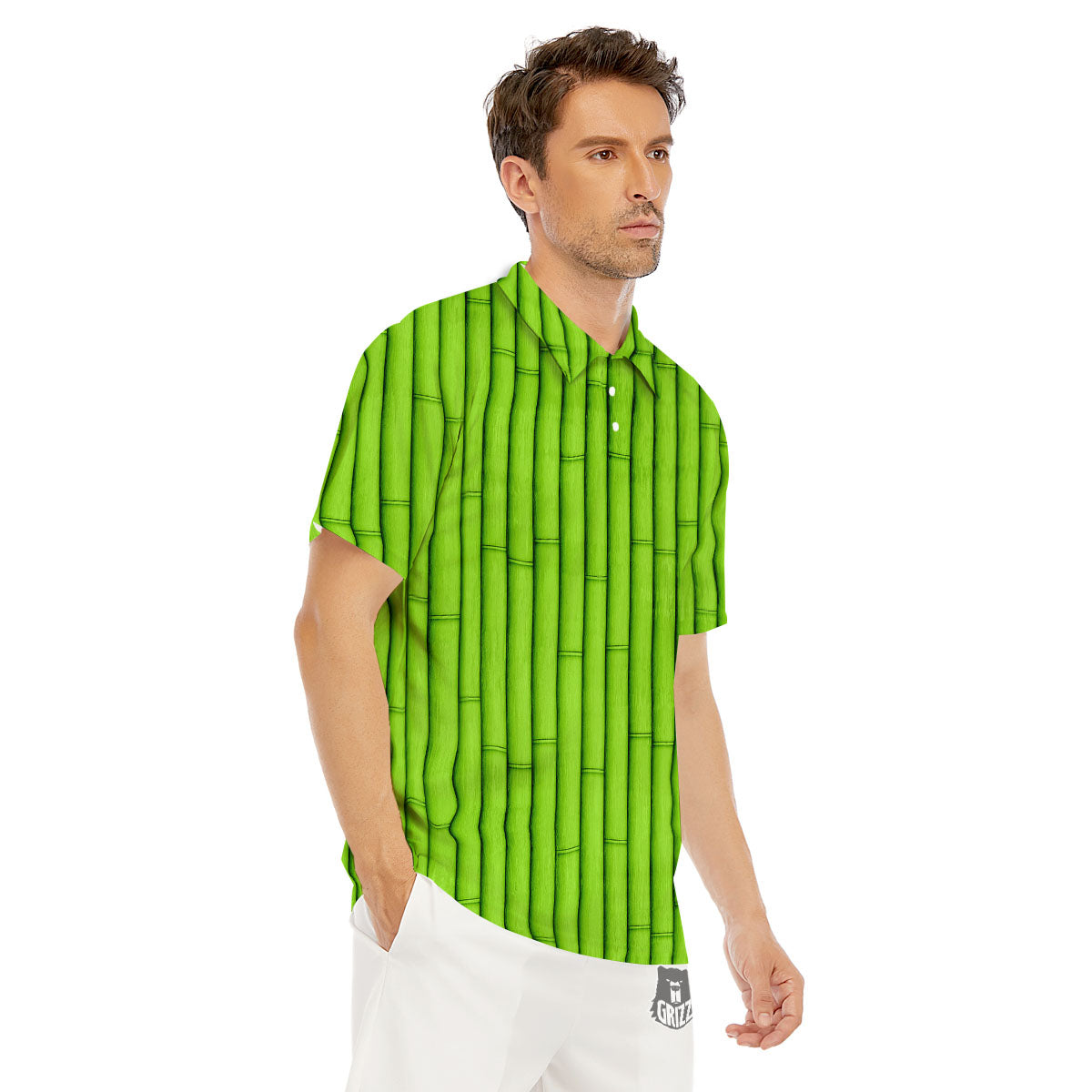 Green Bamboo Print Men's Golf Shirts-grizzshop