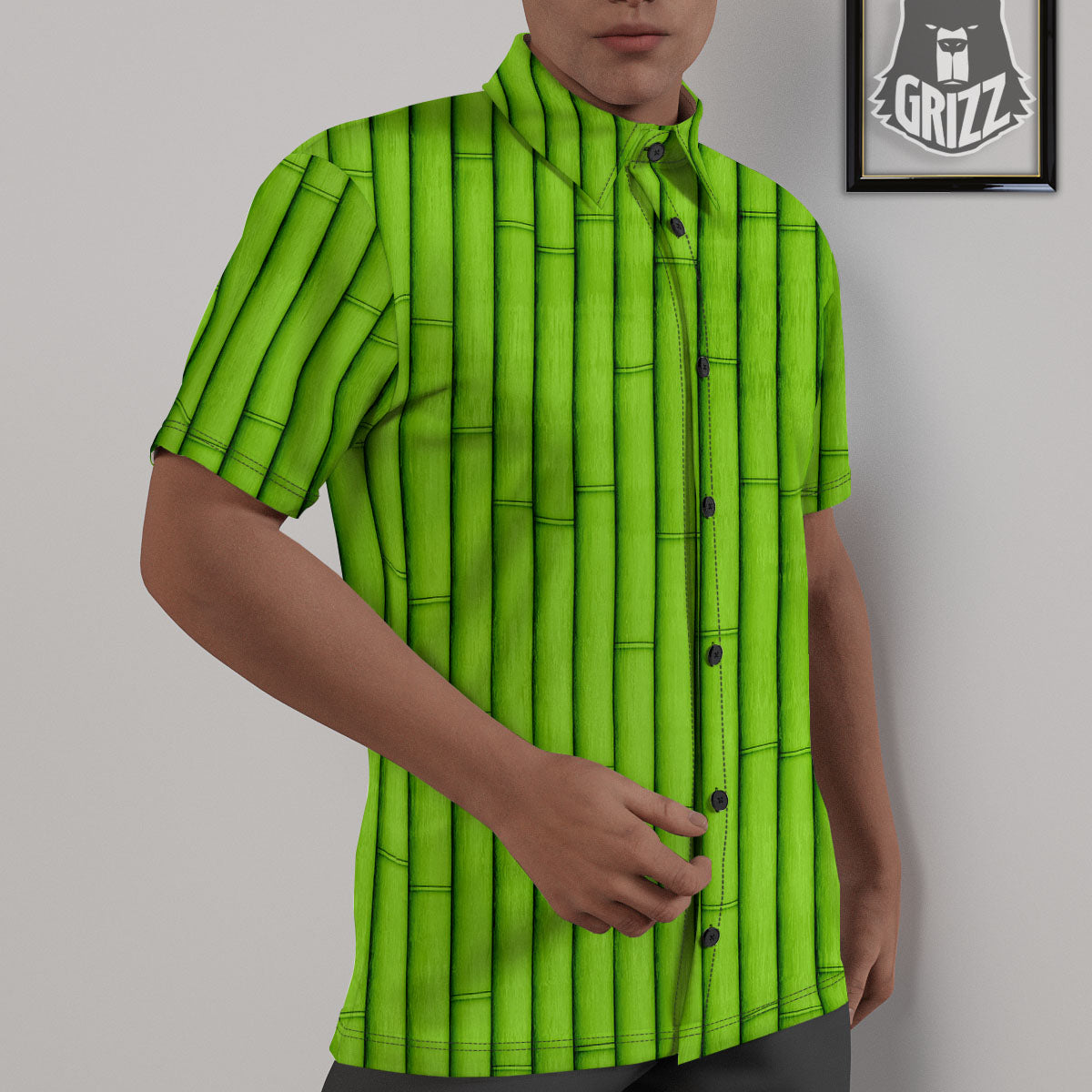 Green Bamboo Print Untucked Shirts-grizzshop