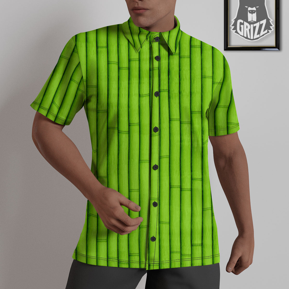 Green Bamboo Print Untucked Shirts-grizzshop