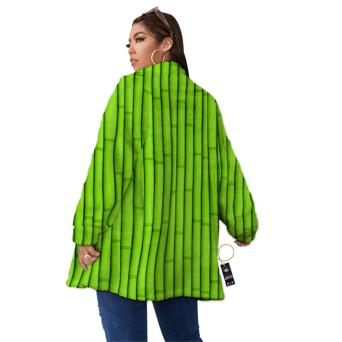 Green Bamboo Print Women's Sherpa Jacket-grizzshop