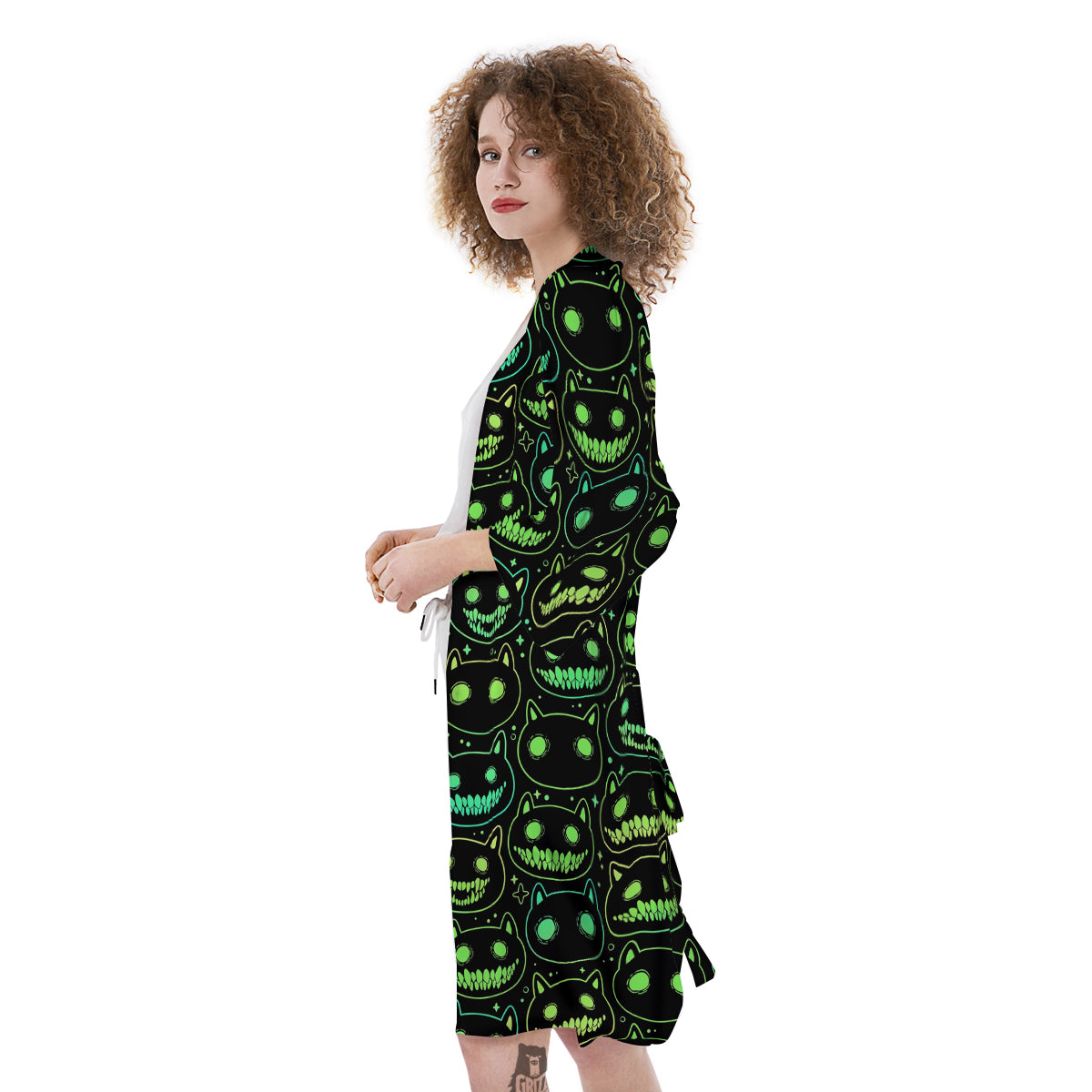 Green Black Head Cartoon Spooky Cat Print Pattern Kimono-grizzshop