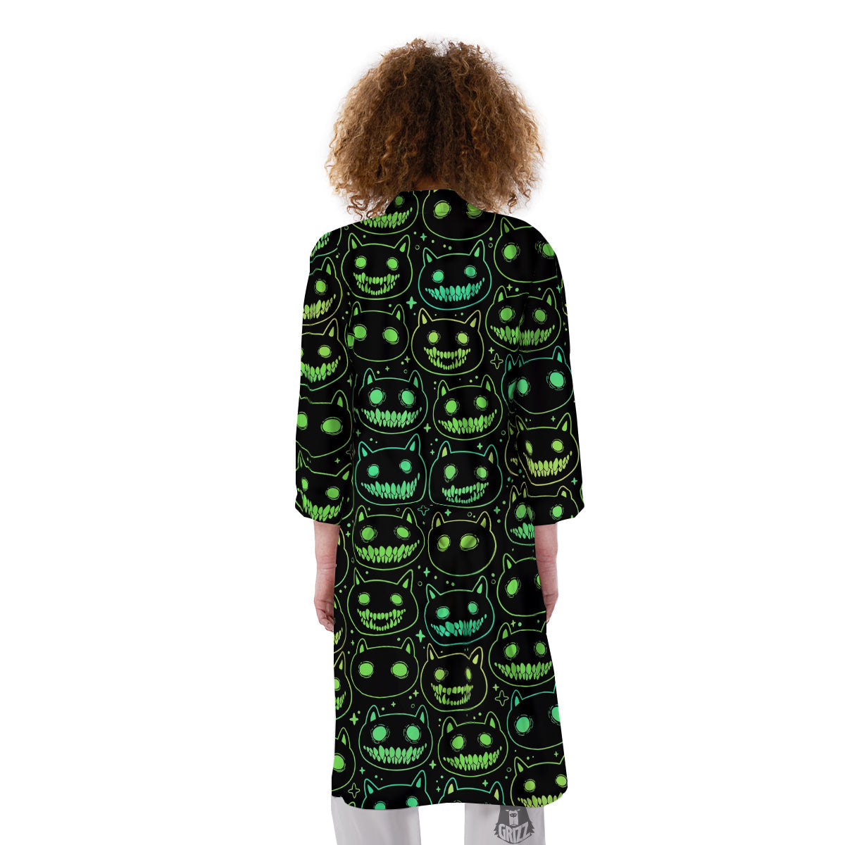 Green Black Head Cartoon Spooky Cat Print Pattern Kimono-grizzshop