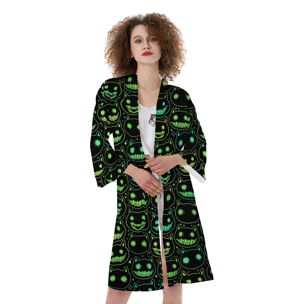 Green Black Head Cartoon Spooky Cat Print Pattern Kimono-grizzshop