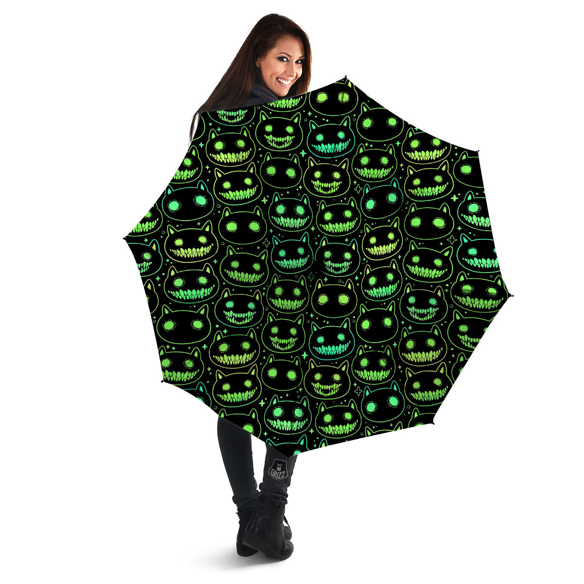 Green Black Head Cartoon Spooky Cat Print Pattern Umbrella-grizzshop