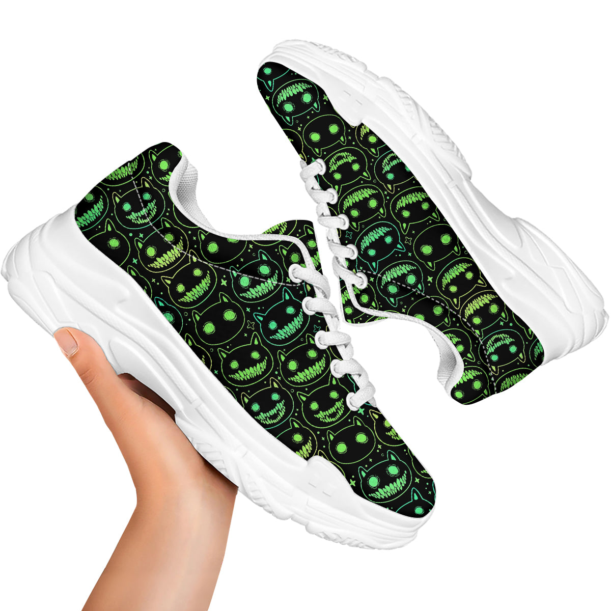 Green Black Head Cartoon Spooky Cat Print Pattern White Chunky Shoes-grizzshop