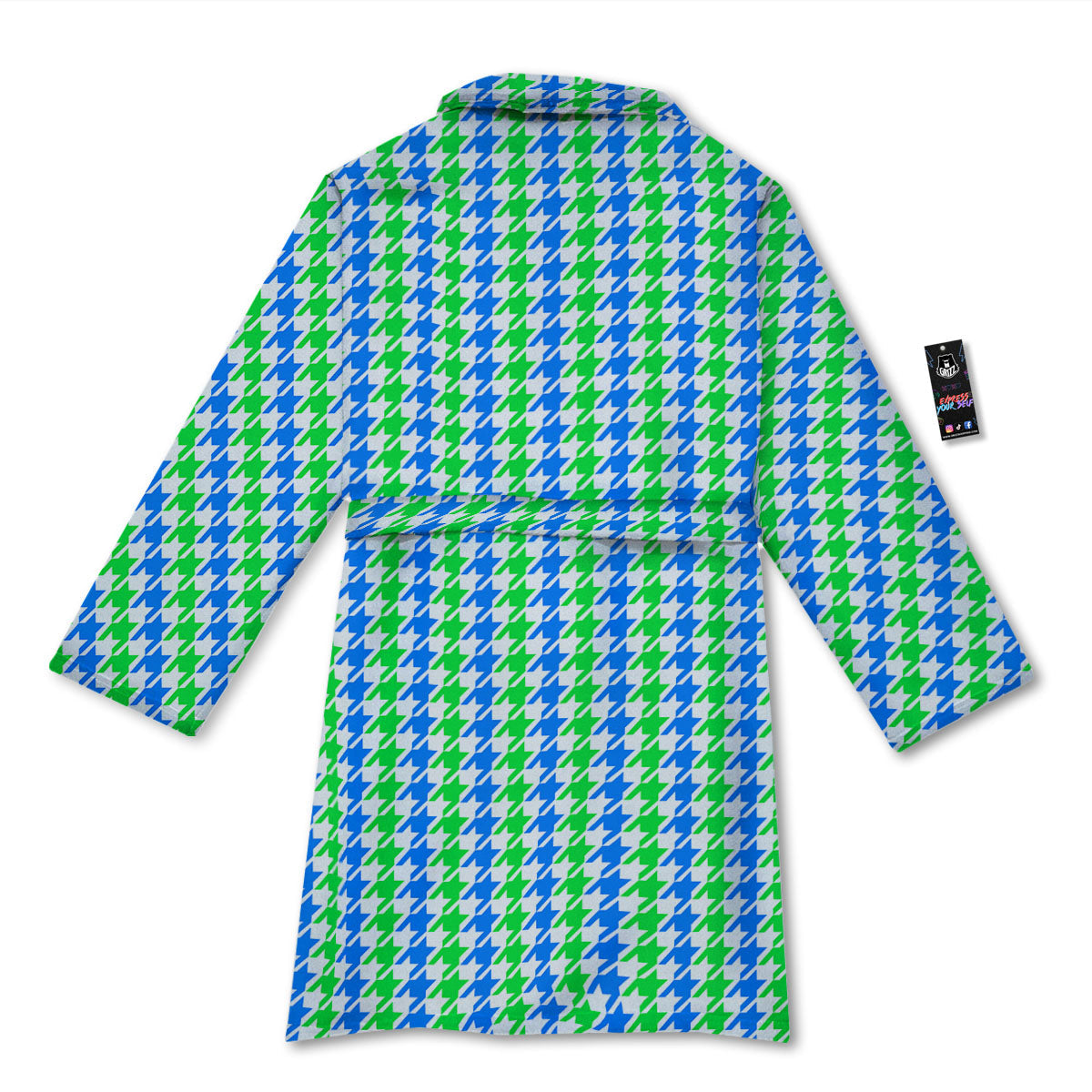 Green Blue And White Houndstooth Print Bathrobe-grizzshop