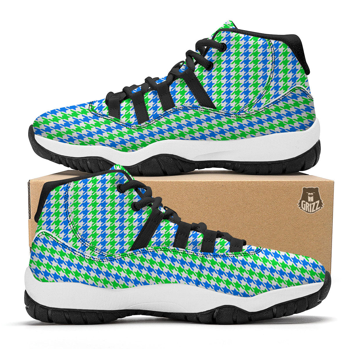 Green Blue And White Houndstooth Print Black Bball Shoes-grizzshop