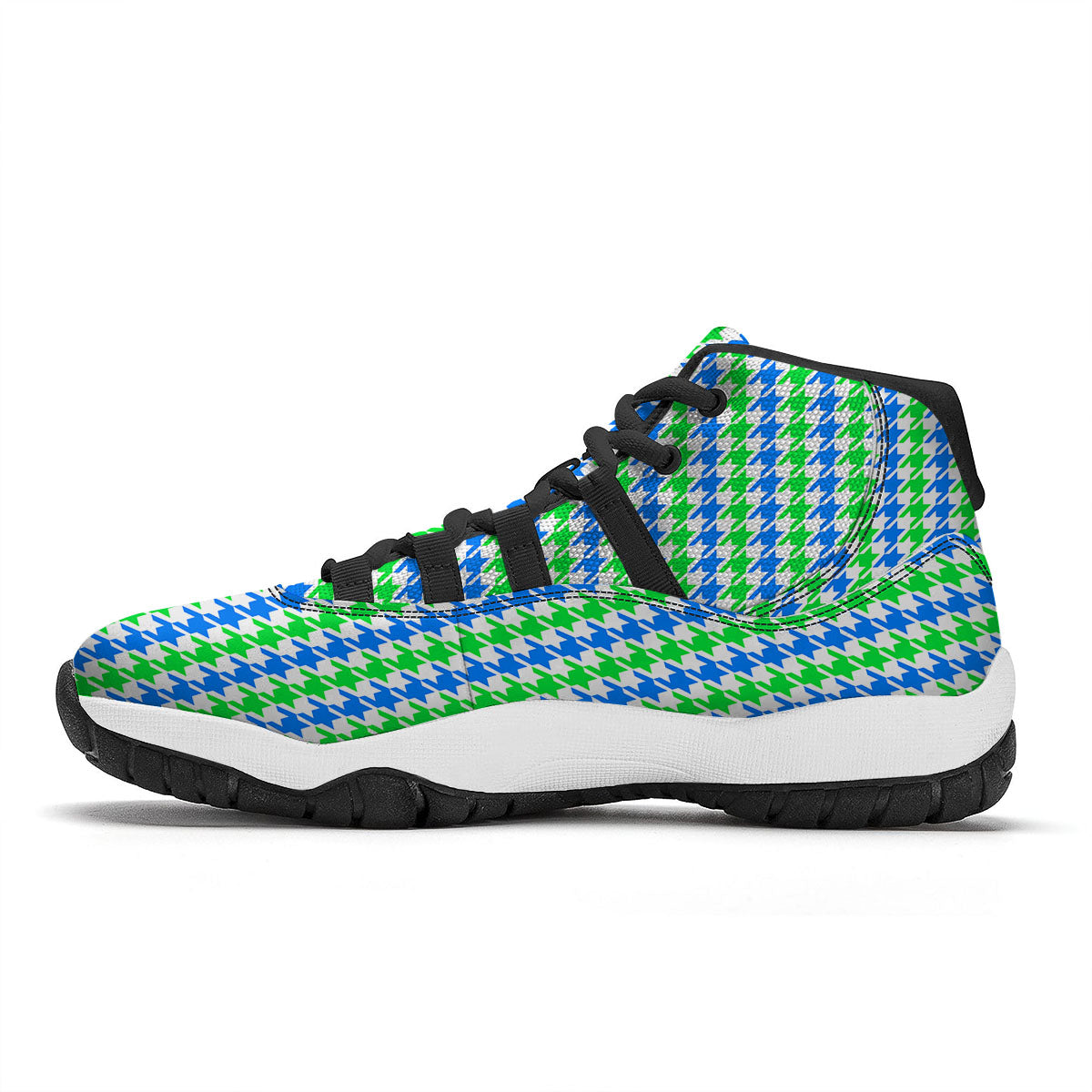 Green Blue And White Houndstooth Print Black Bball Shoes-grizzshop