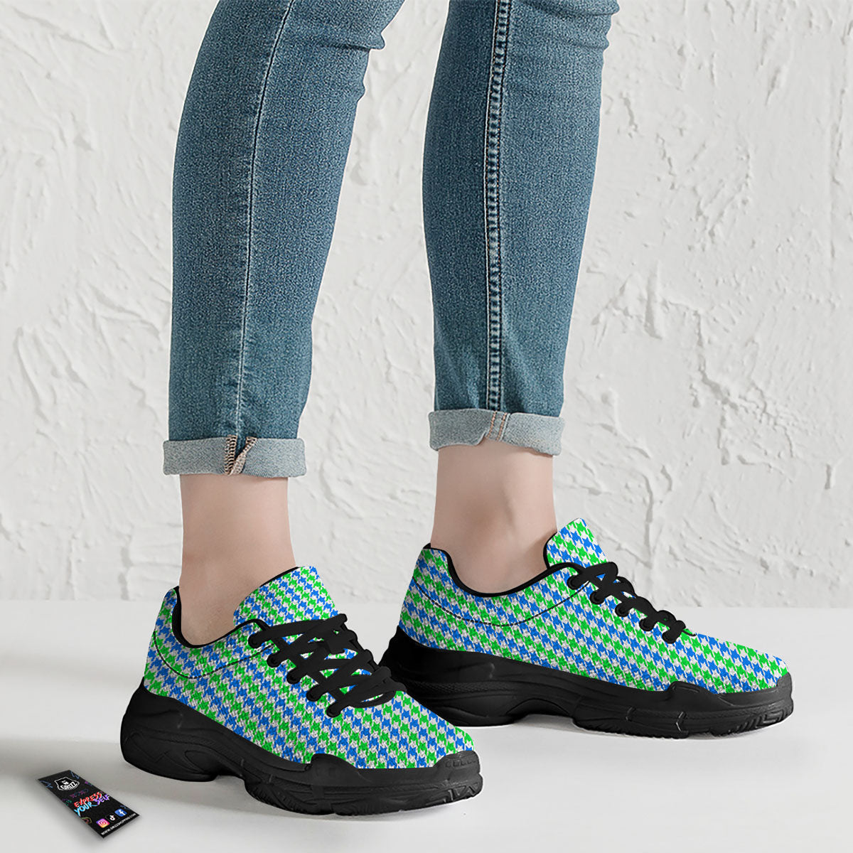 Green Blue And White Houndstooth Print Black Chunky Shoes-grizzshop
