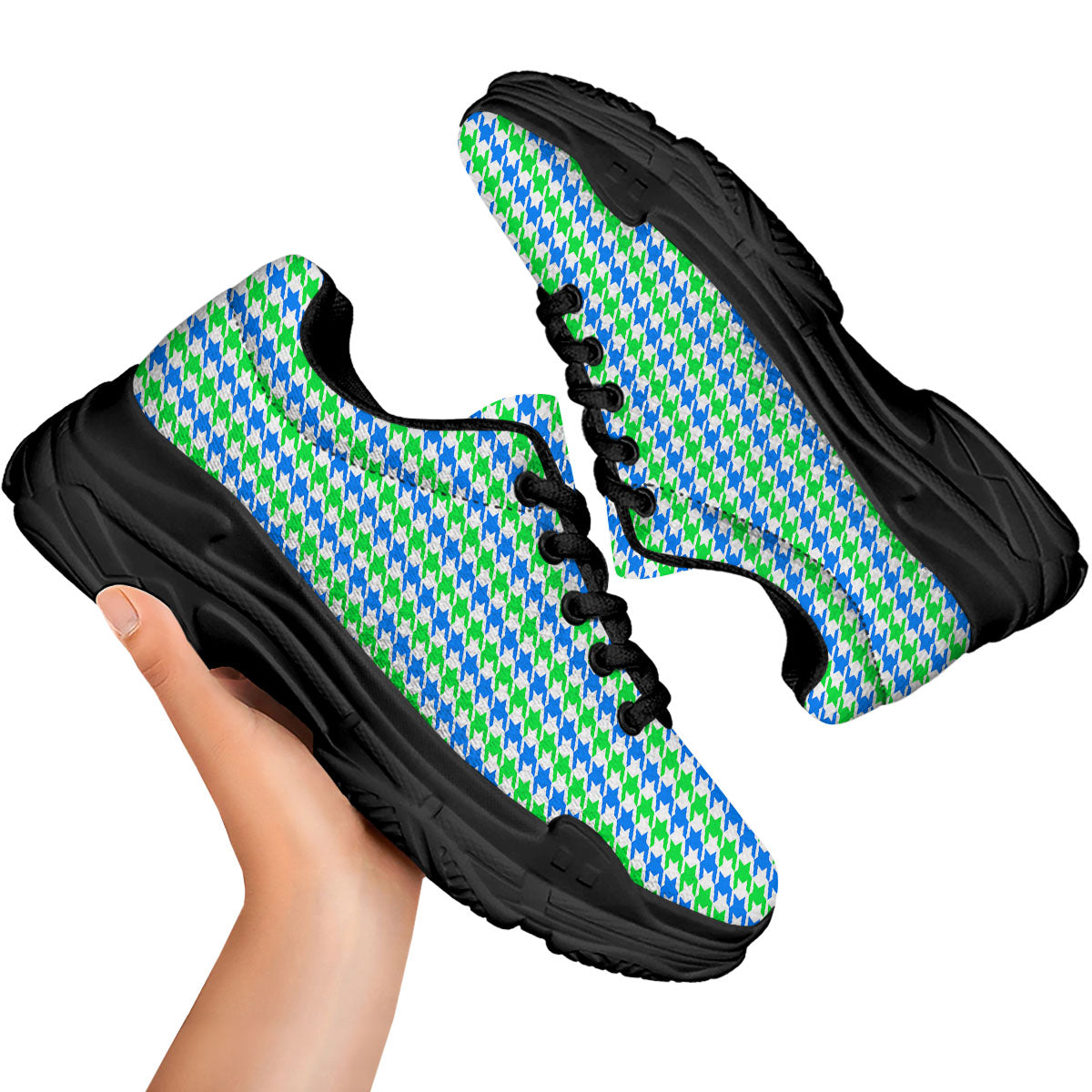 Green Blue And White Houndstooth Print Black Chunky Shoes-grizzshop