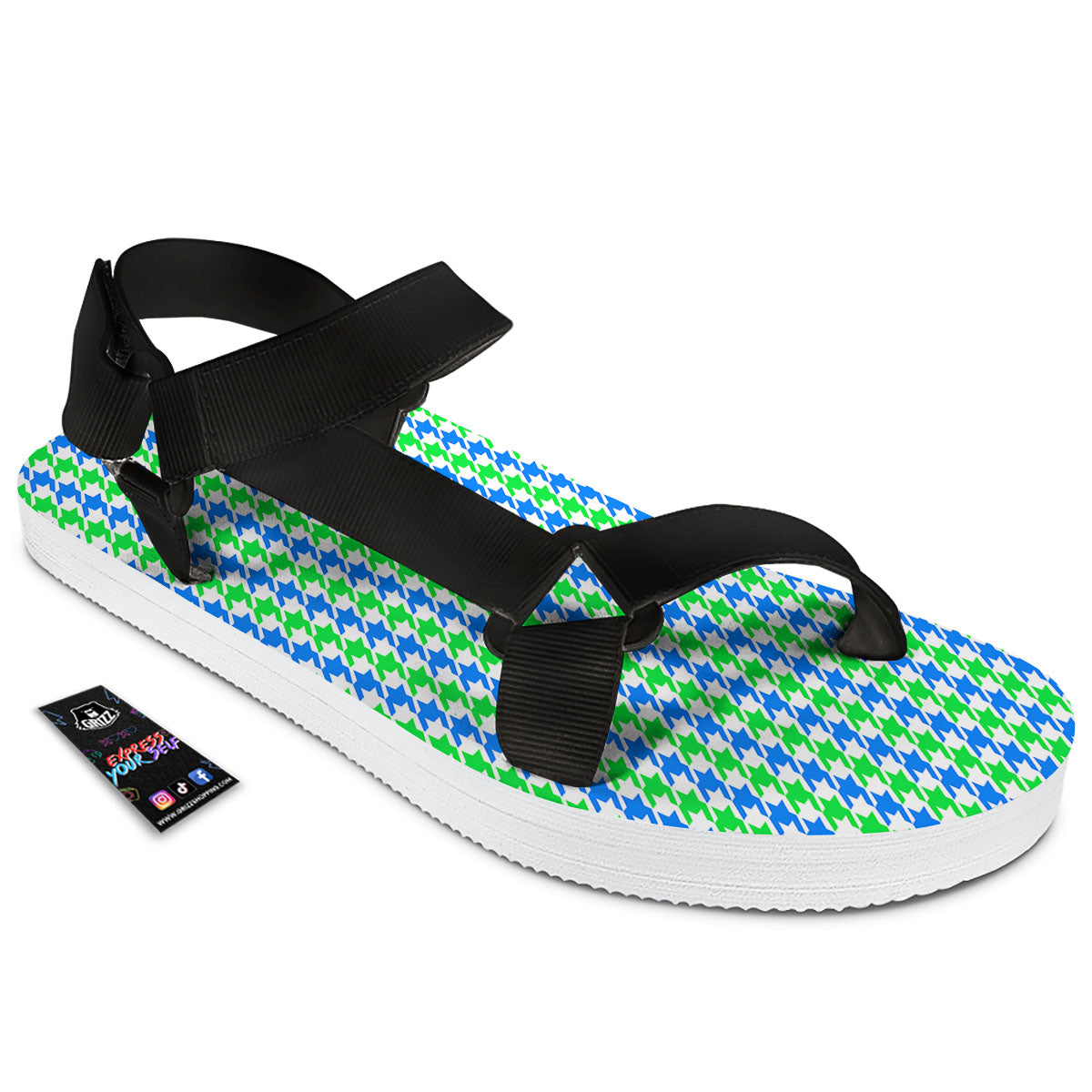 Green Blue And White Houndstooth Print Black Open Toe Sandals-grizzshop