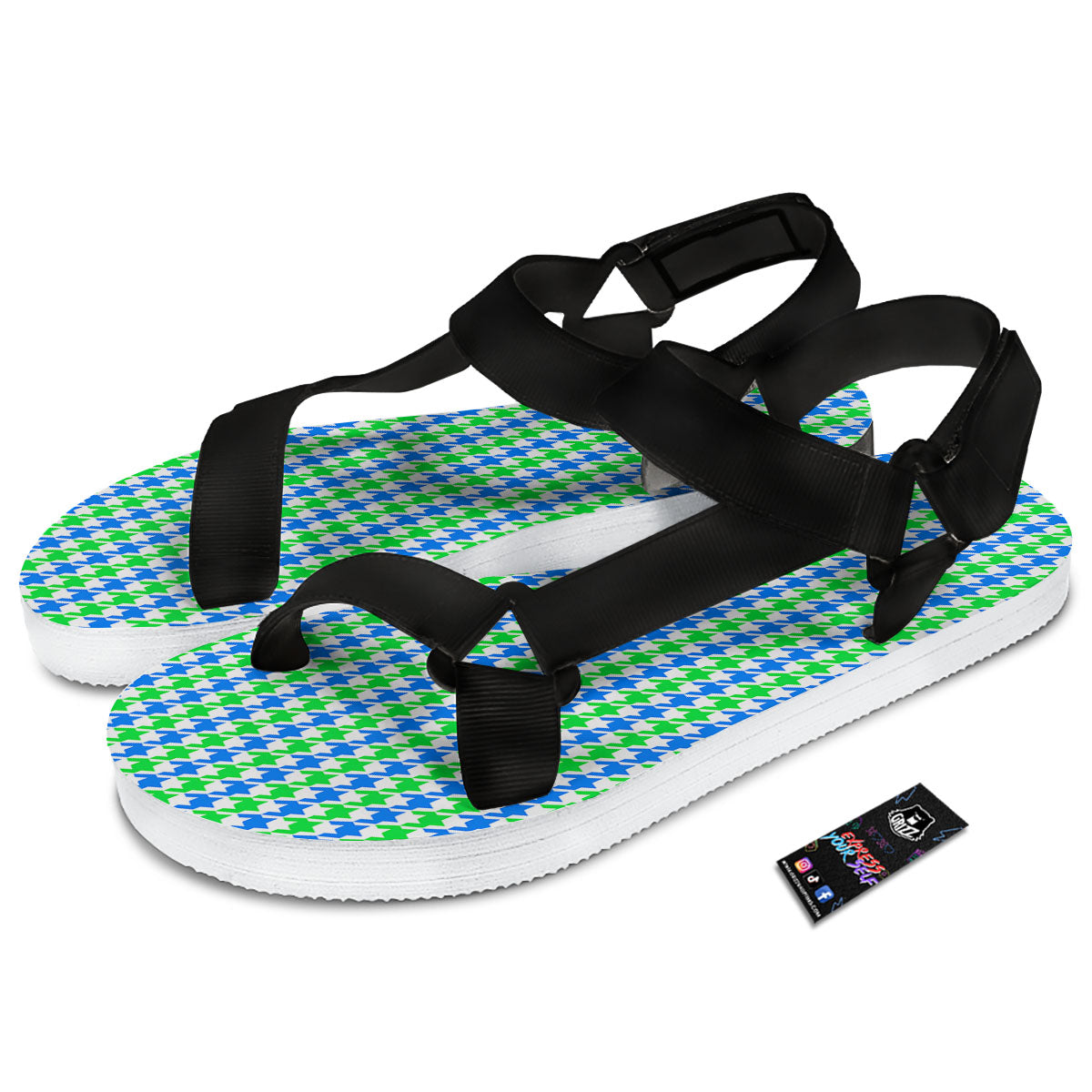 Green Blue And White Houndstooth Print Black Open Toe Sandals-grizzshop