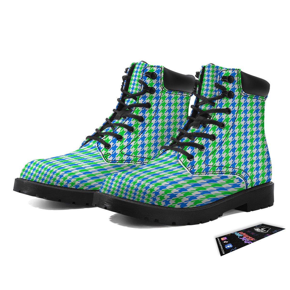 Green Blue And White Houndstooth Print Boots-grizzshop