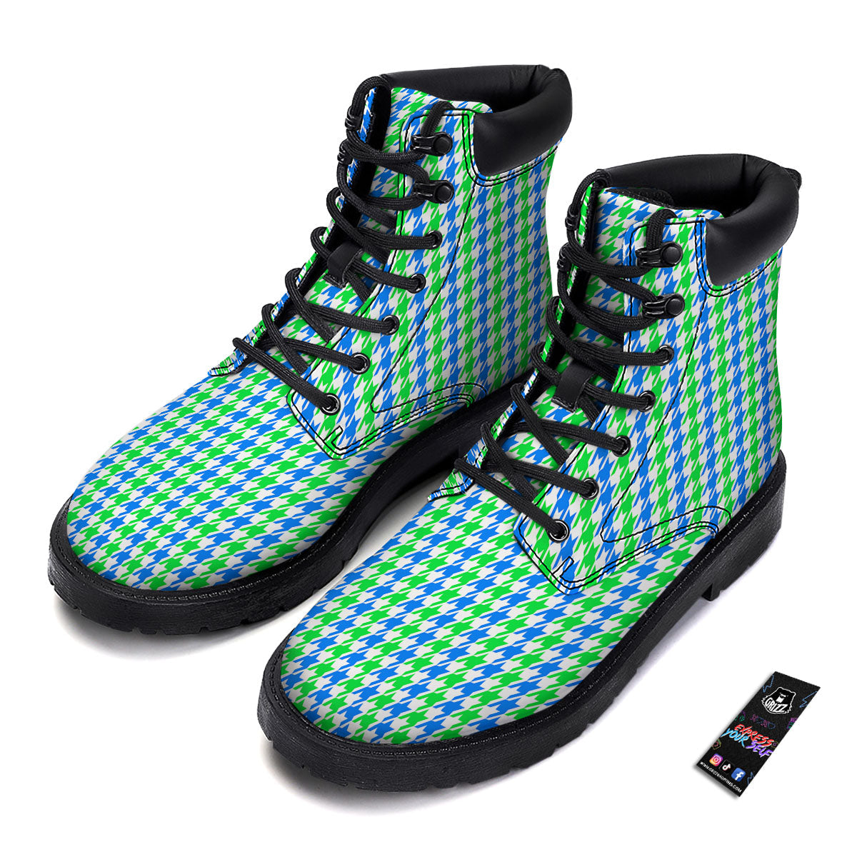 Green Blue And White Houndstooth Print Boots-grizzshop