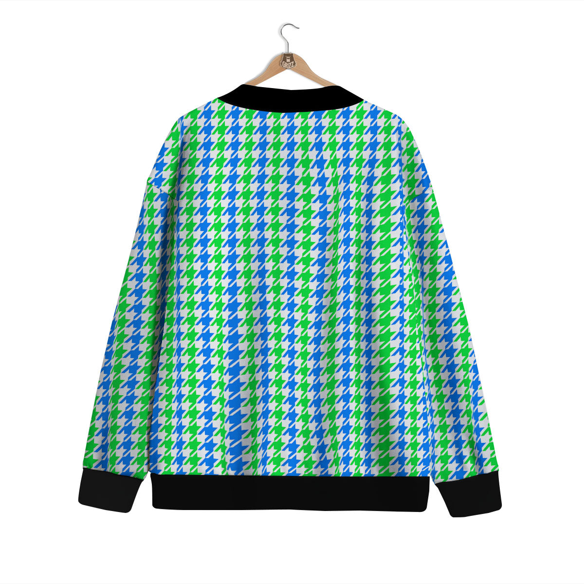 Green Blue And White Houndstooth Print Cardigan-grizzshop