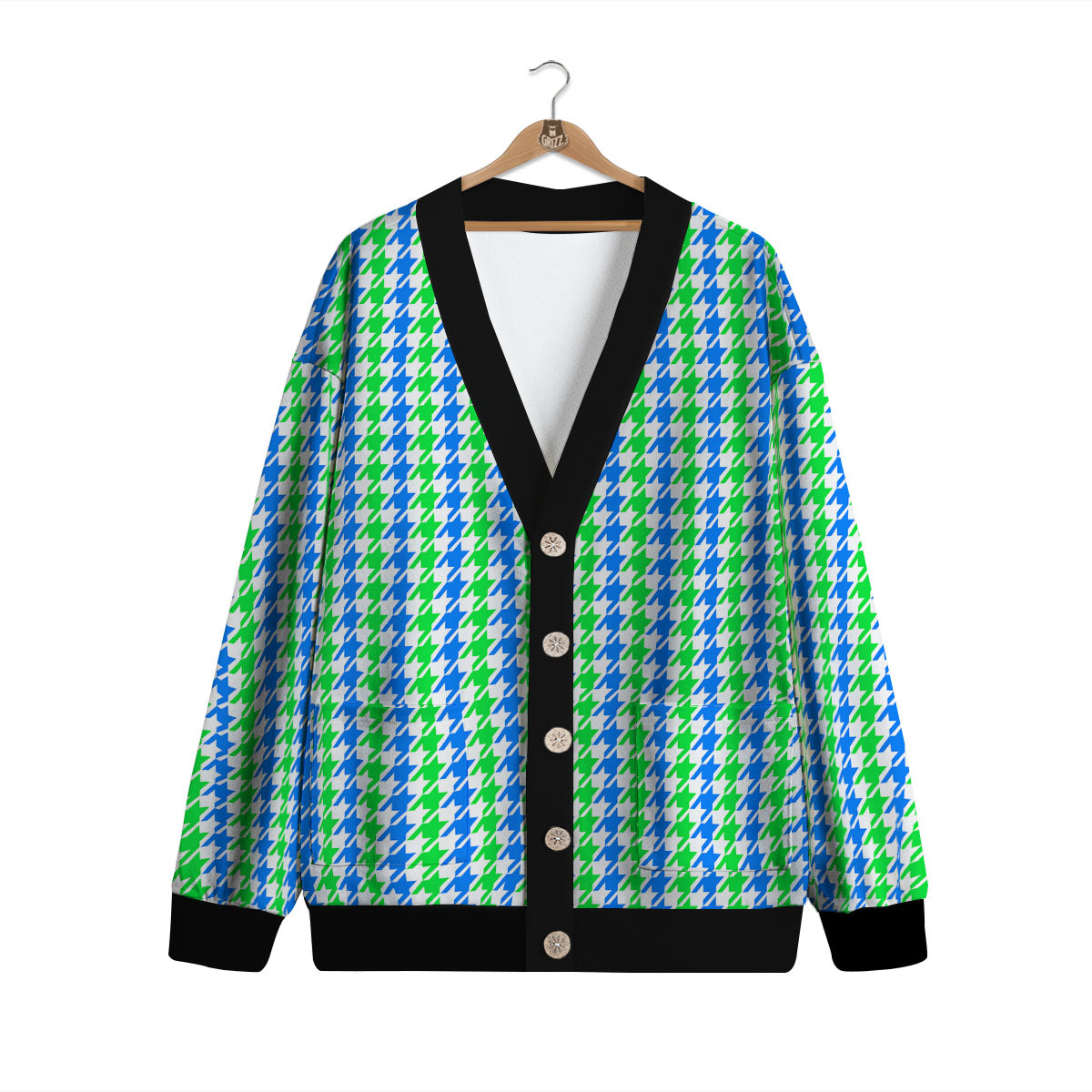Green Blue And White Houndstooth Print Cardigan-grizzshop