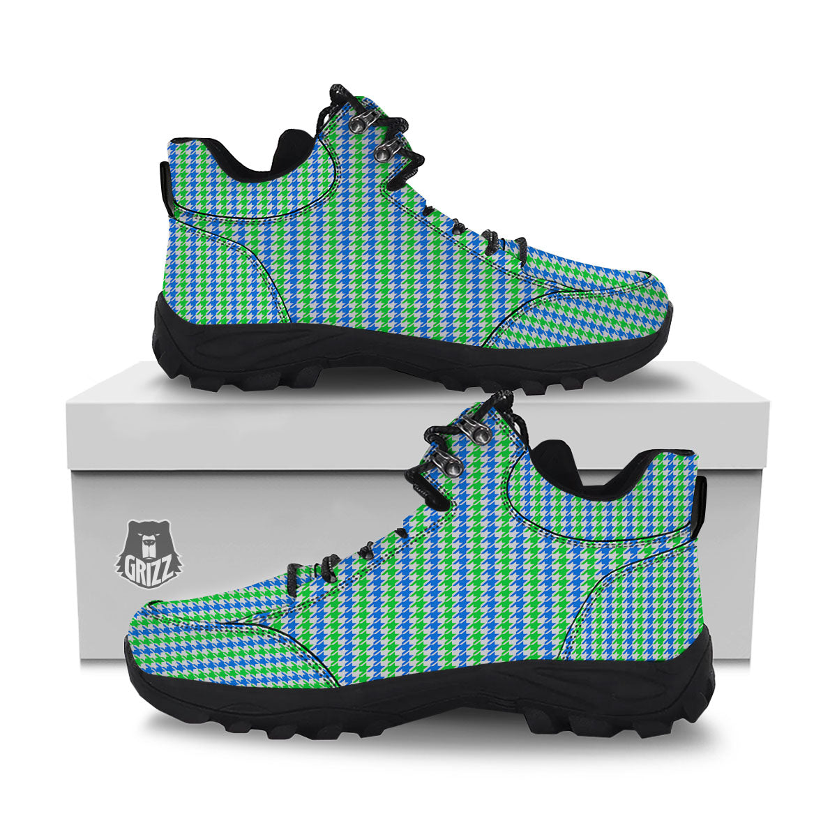 Green Blue And White Houndstooth Print Hiking Shoes-grizzshop