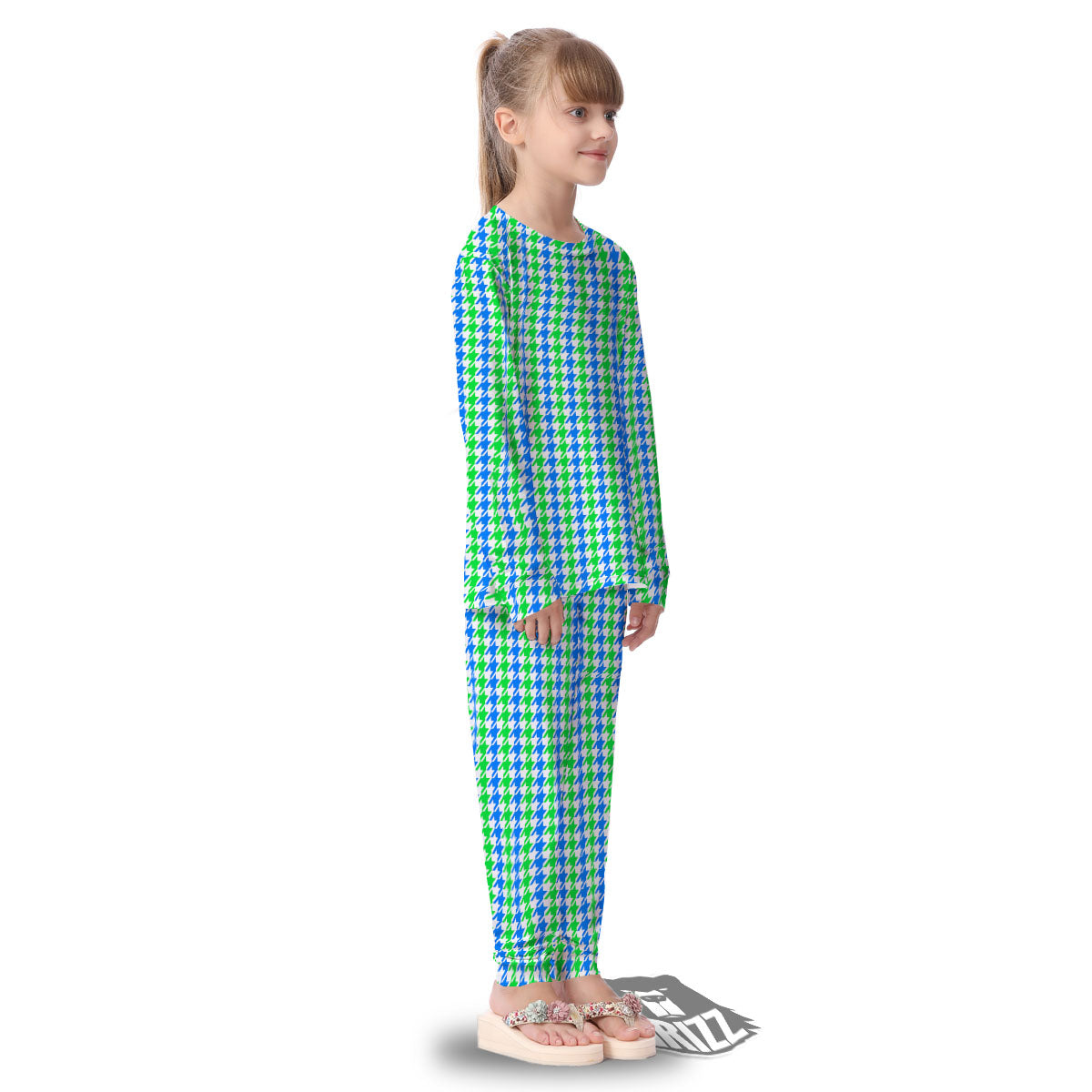 Green Blue And White Houndstooth Print Kid's Pajamas-grizzshop