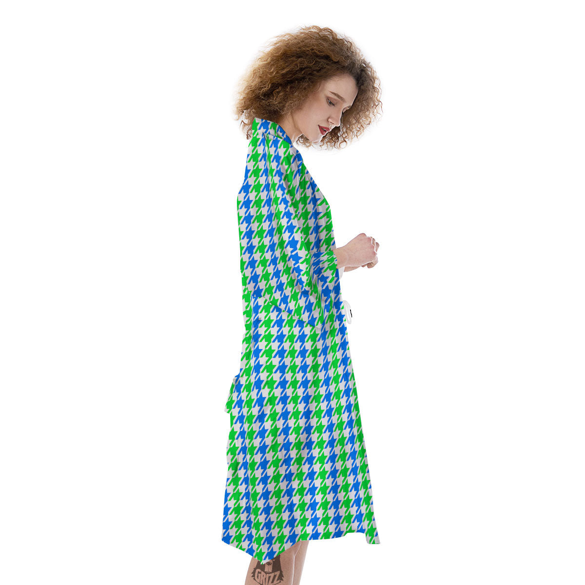 Green Blue And White Houndstooth Print Kimono-grizzshop