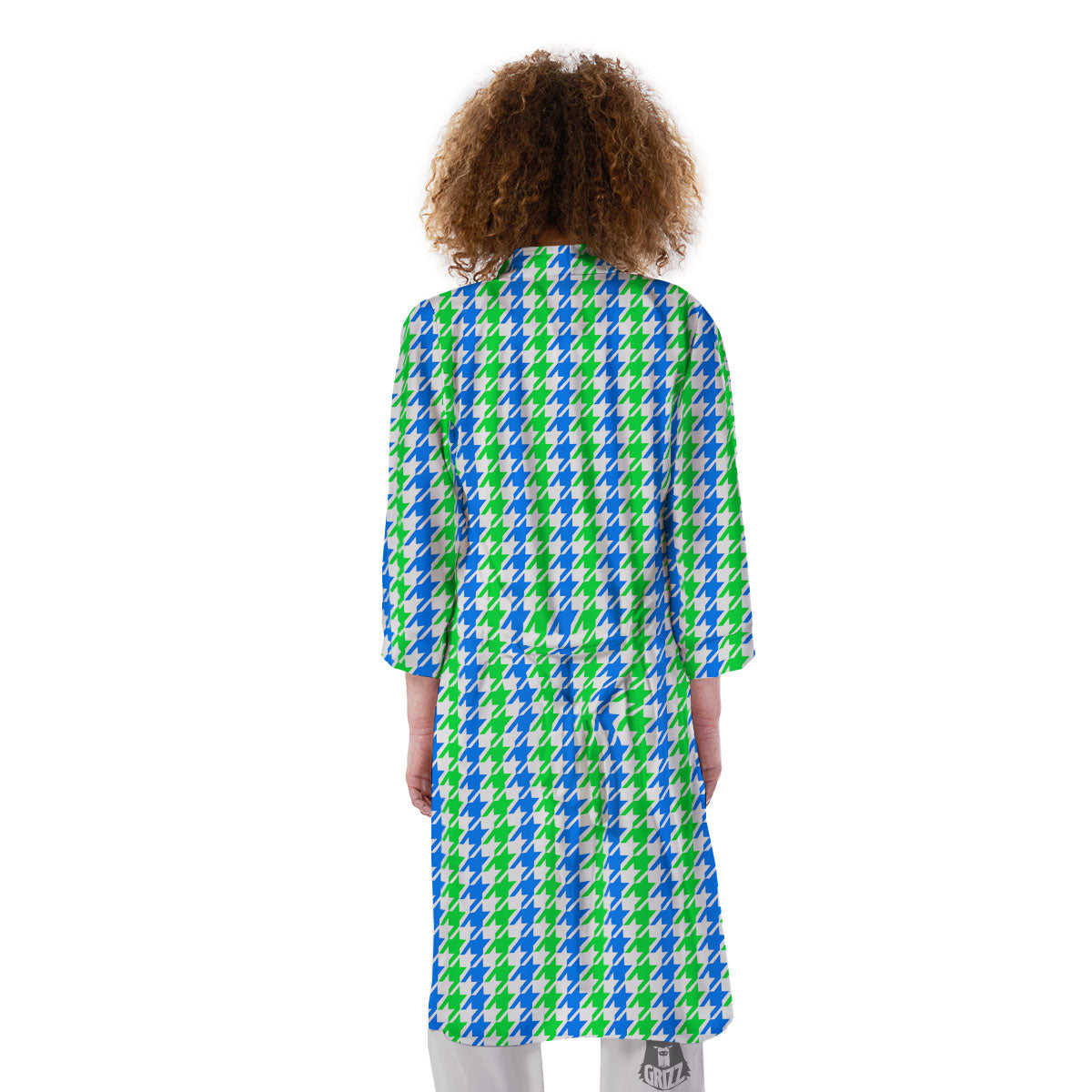 Green Blue And White Houndstooth Print Kimono-grizzshop