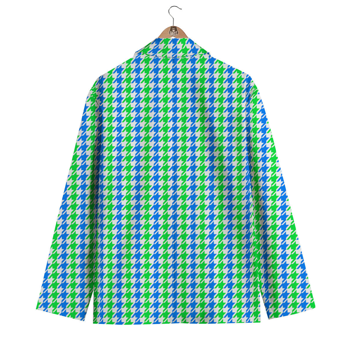 Green Blue And White Houndstooth Print Men's Blazer-grizzshop