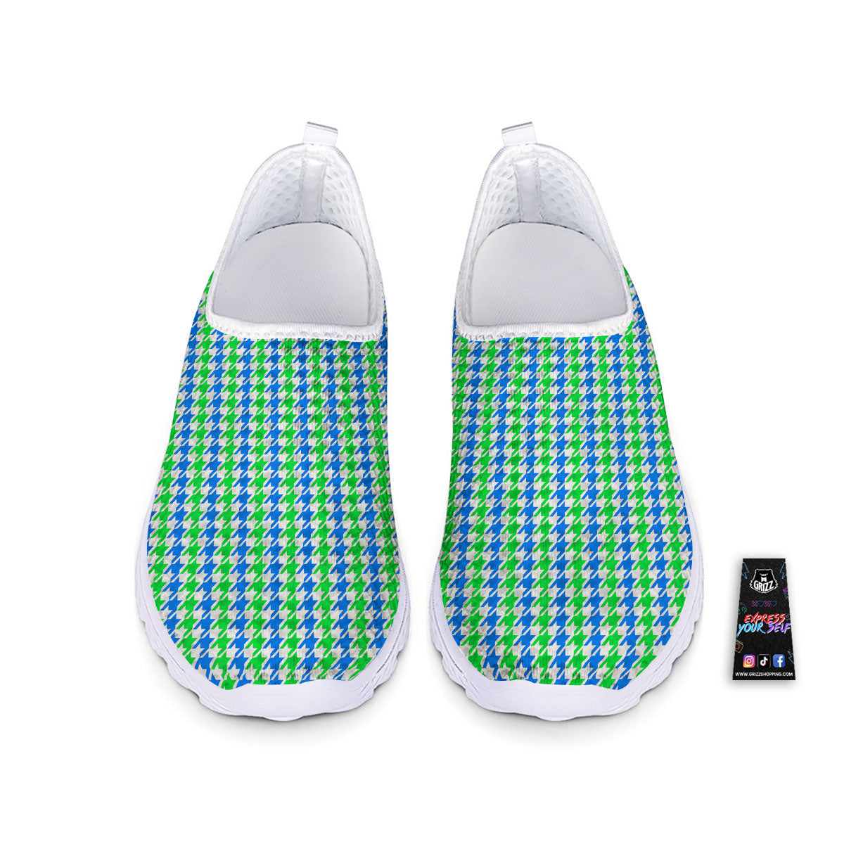 Green Blue And White Houndstooth Print Nurse Shoes-grizzshop
