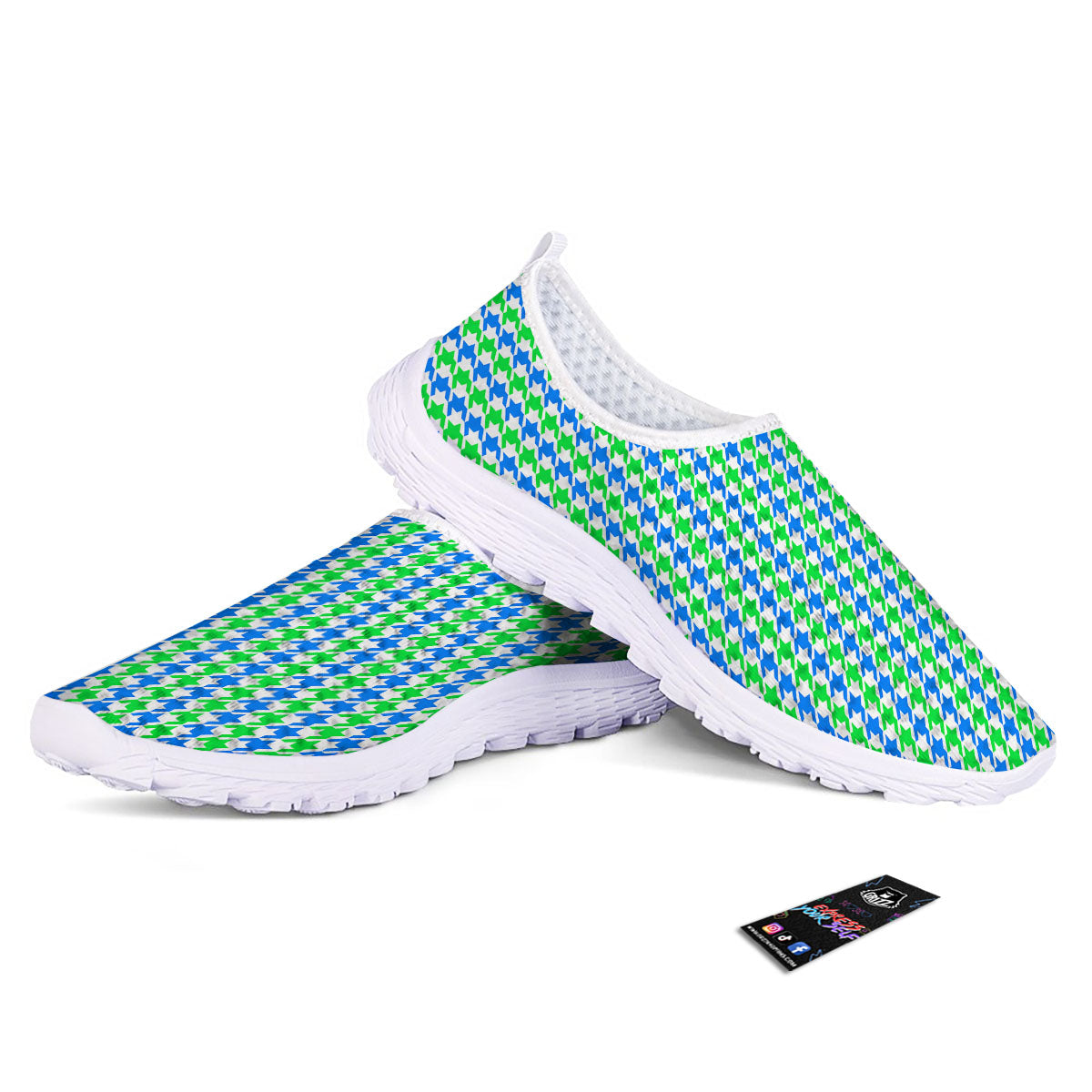Green Blue And White Houndstooth Print Nurse Shoes-grizzshop