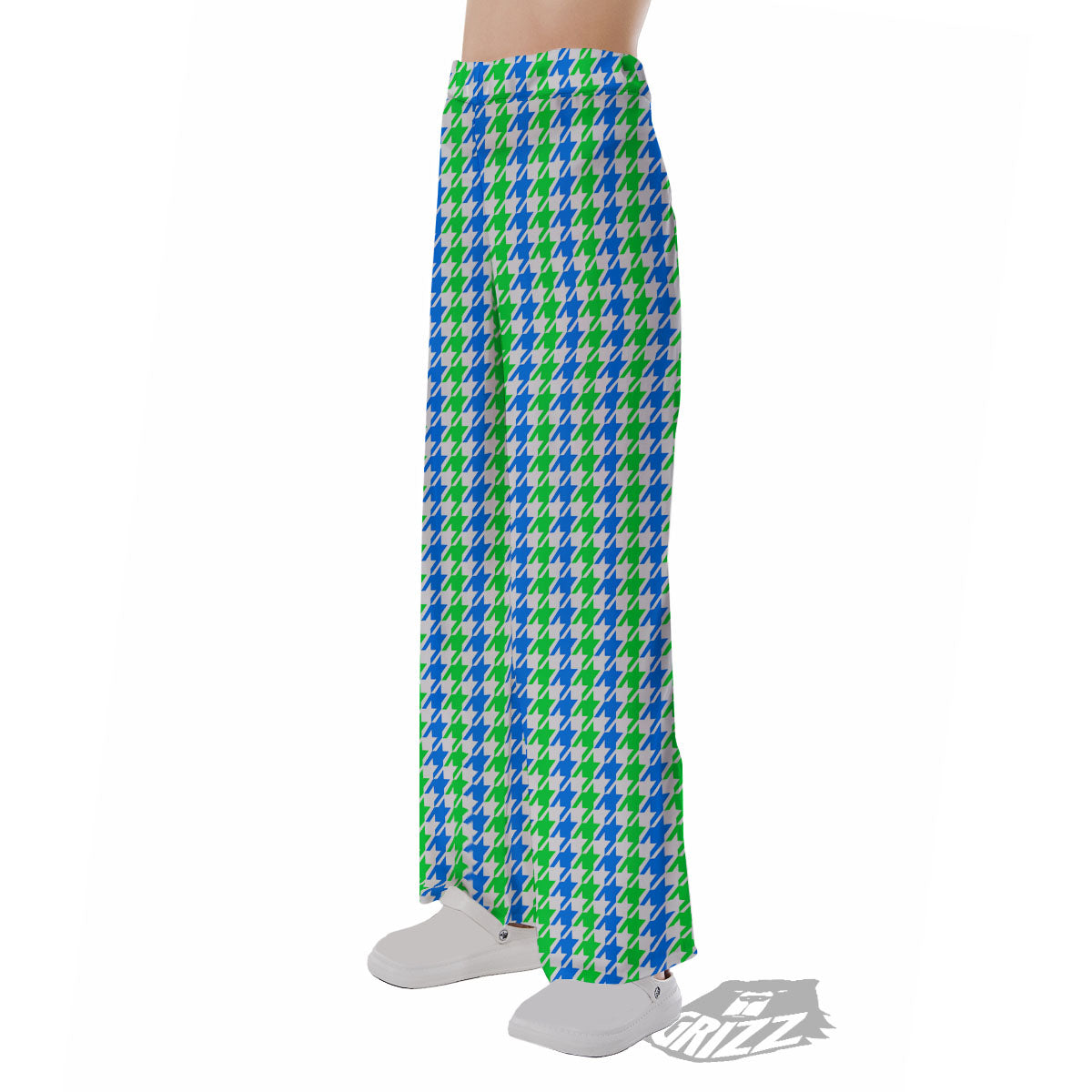 Green Blue And White Houndstooth Print Pajama Pants-grizzshop
