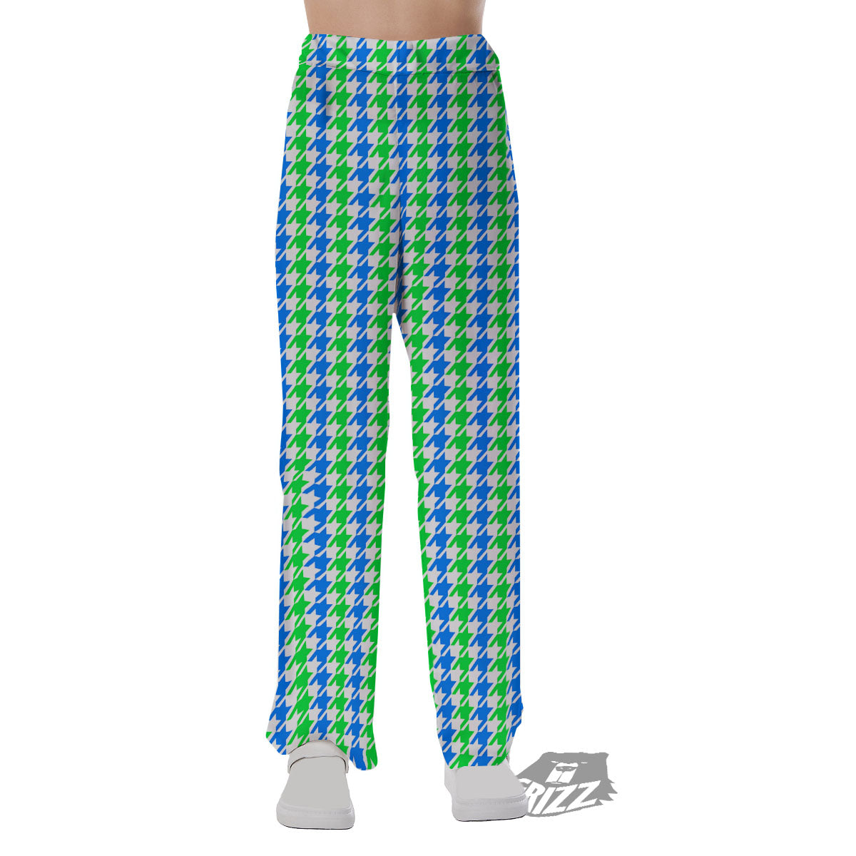 Green Blue And White Houndstooth Print Pajama Pants-grizzshop