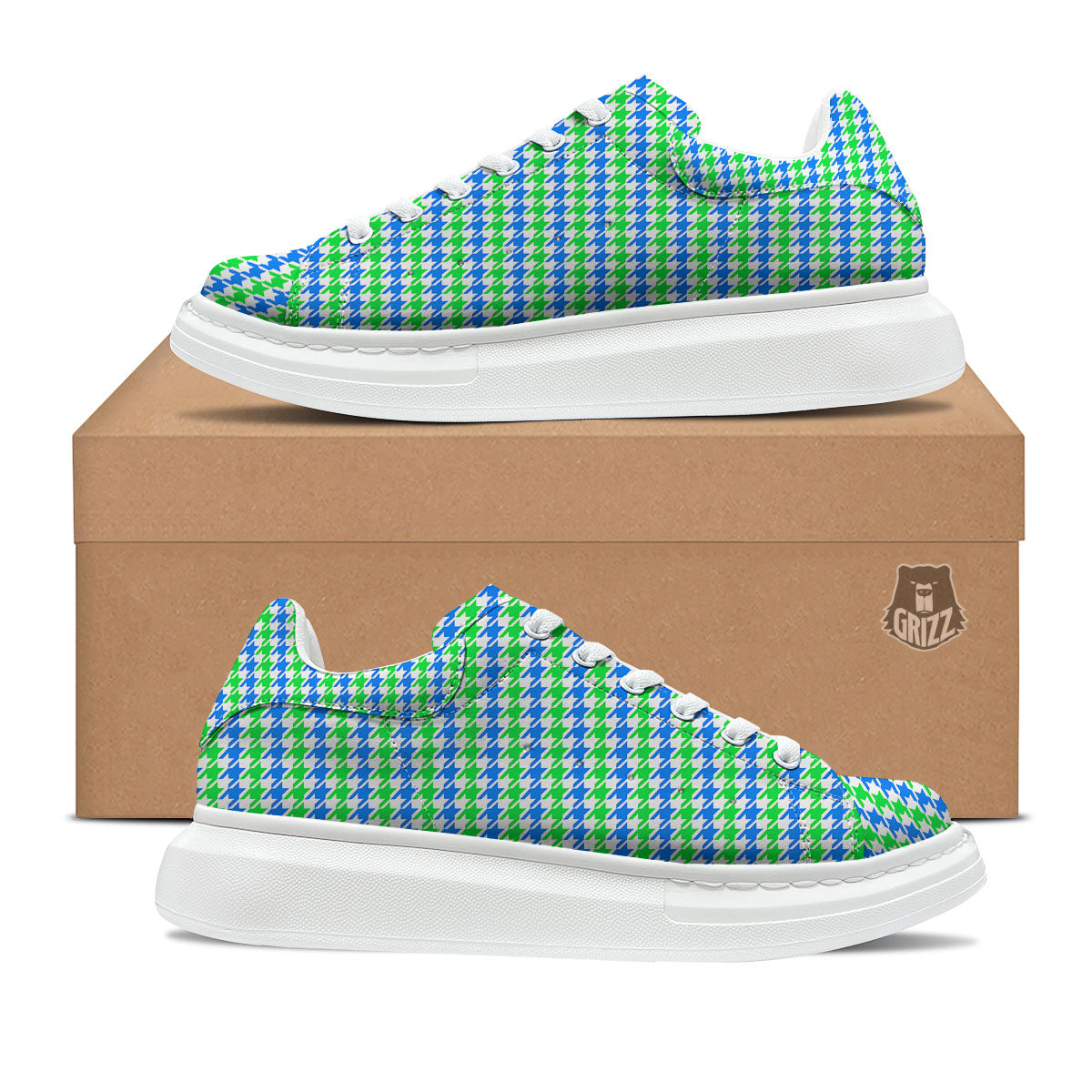 Green Blue And White Houndstooth Print Platform Shoes-grizzshop