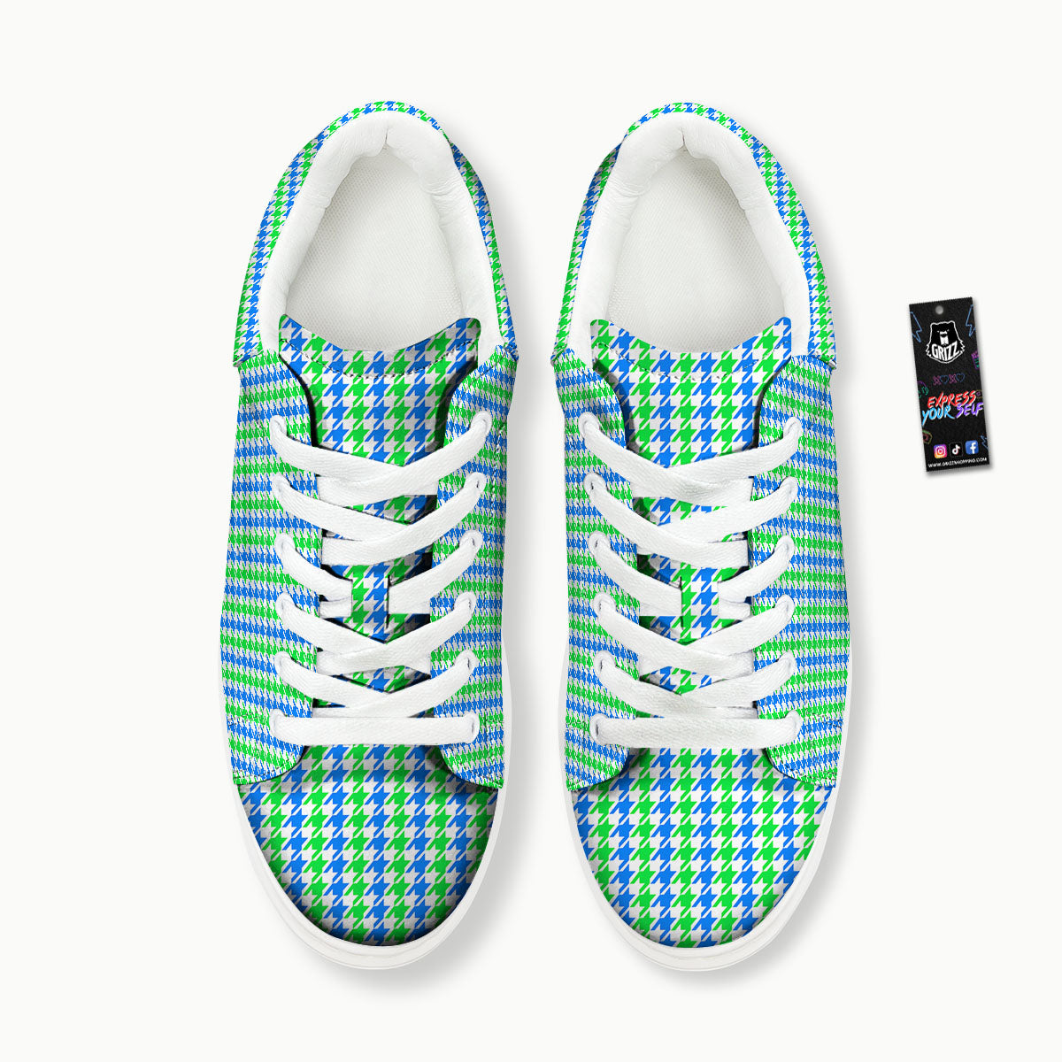 Green Blue And White Houndstooth Print Platform Shoes-grizzshop