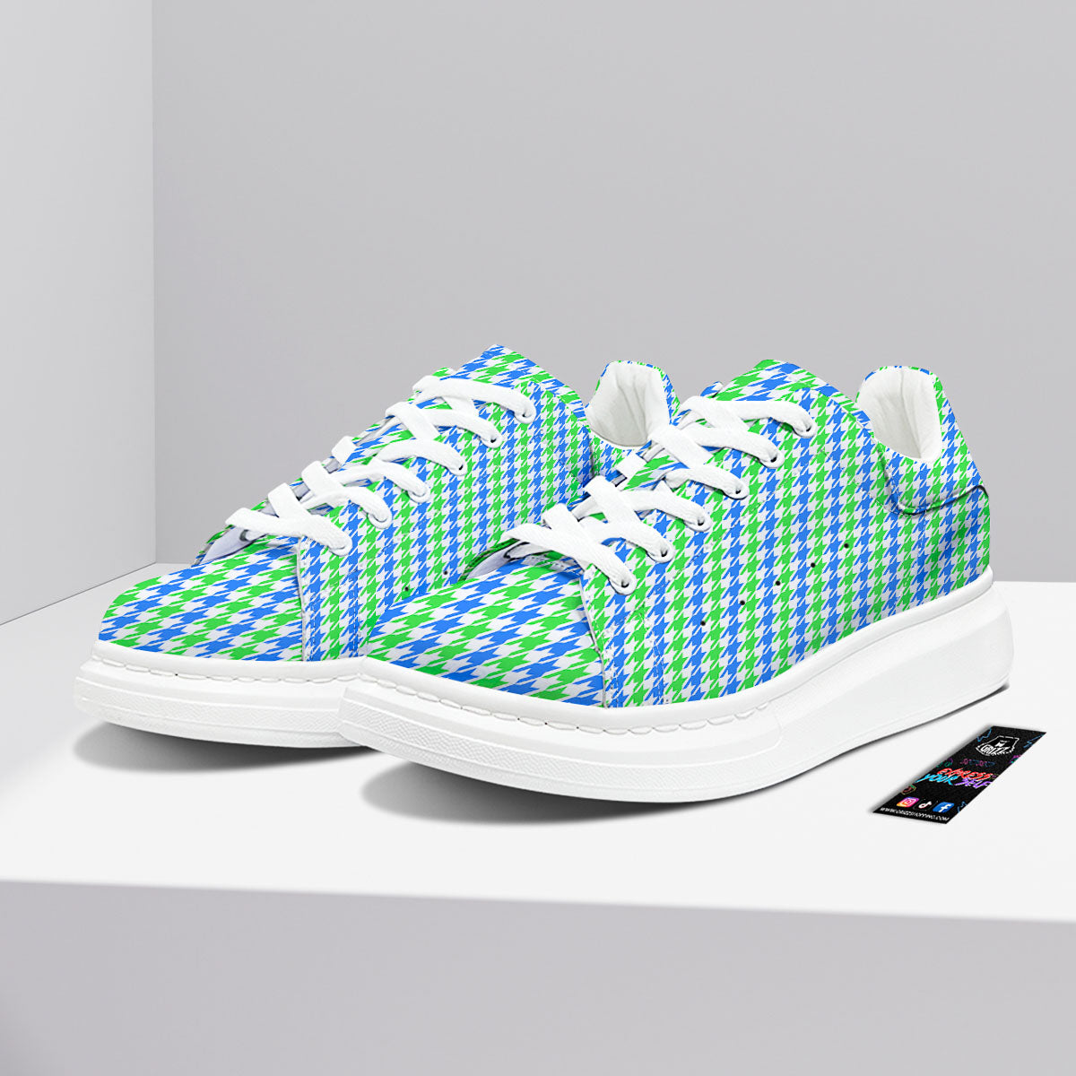 Green Blue And White Houndstooth Print Platform Shoes-grizzshop