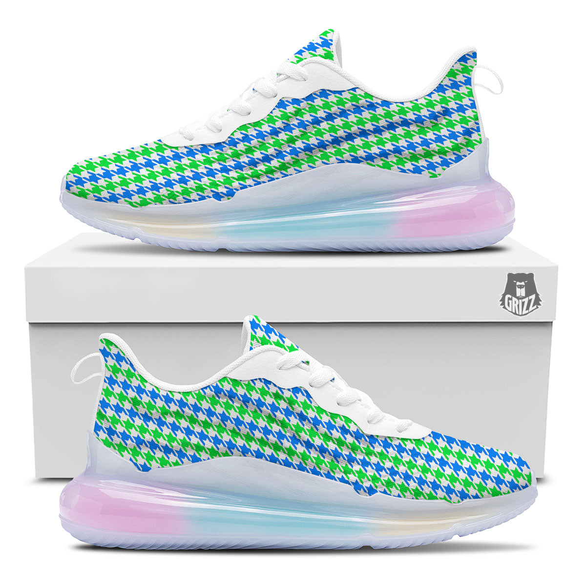 Green Blue And White Houndstooth Print Running Sneakers-grizzshop
