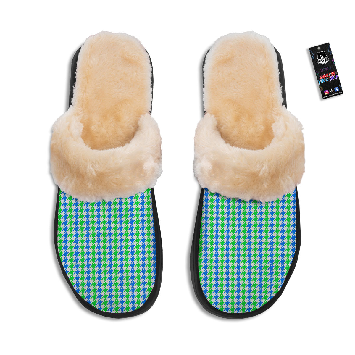 Green Blue And White Houndstooth Print Slippers-grizzshop