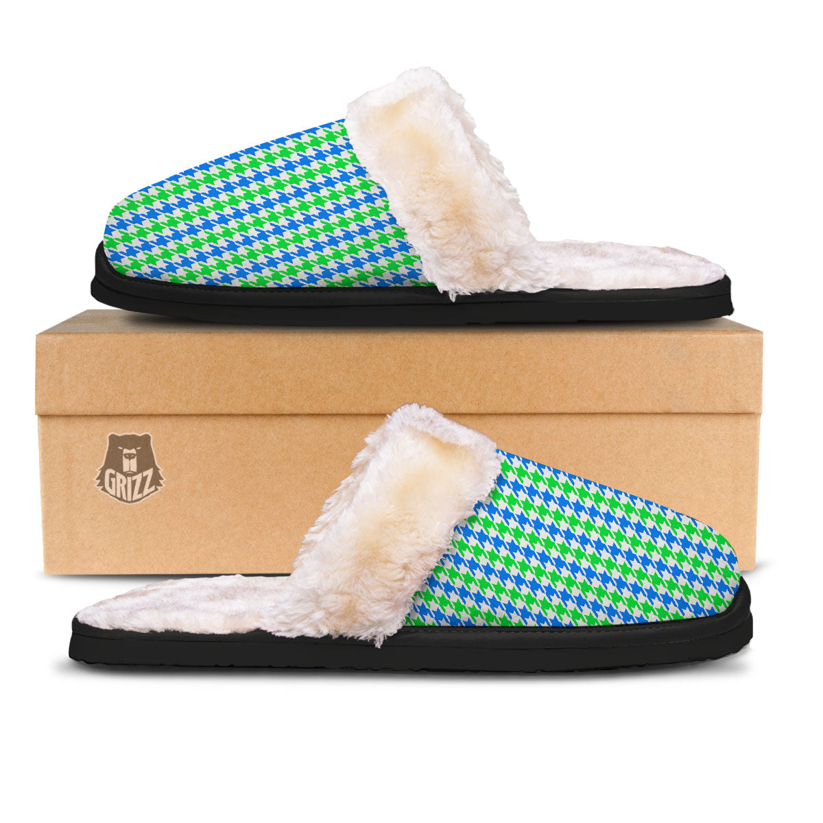 Green Blue And White Houndstooth Print Slippers-grizzshop