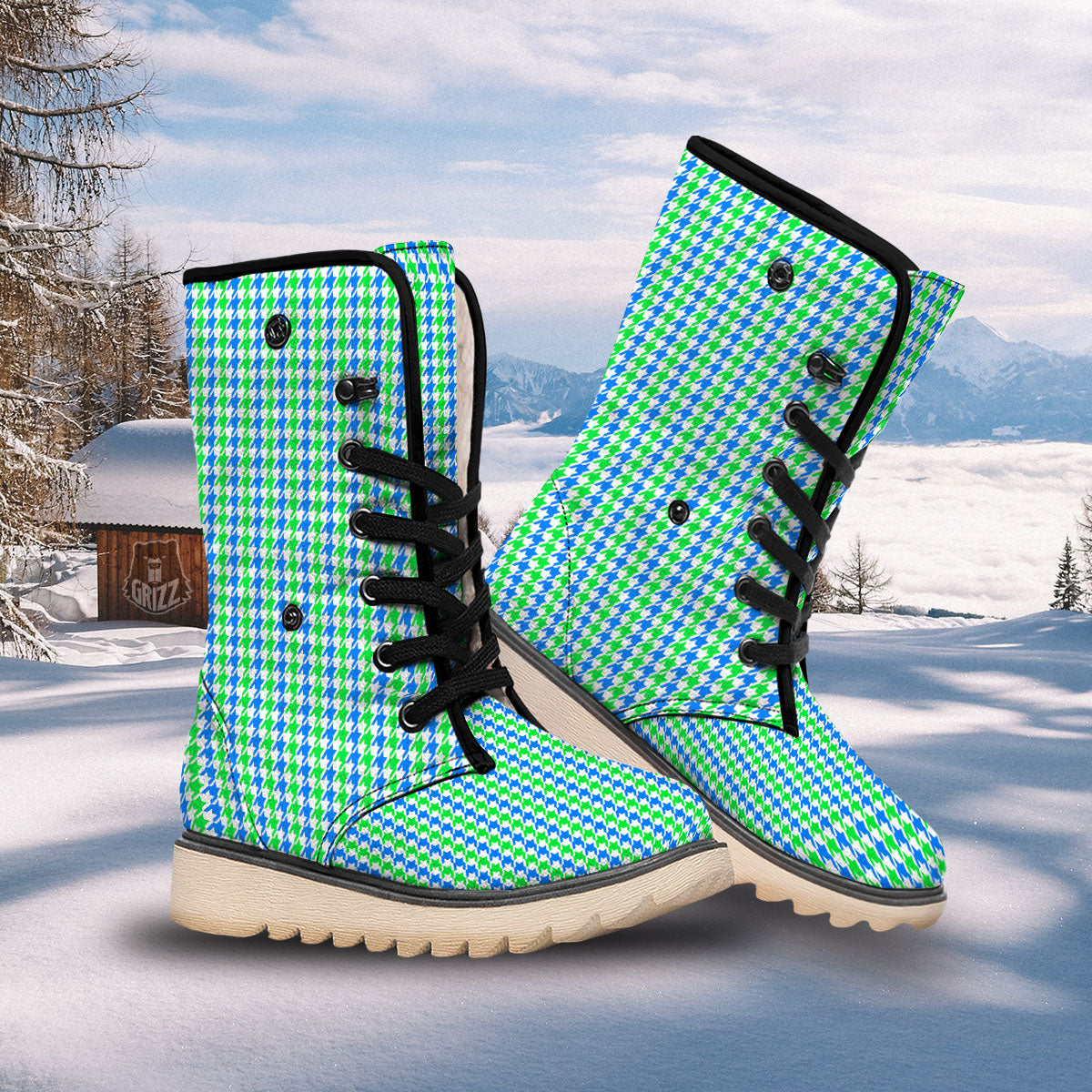 Green Blue And White Houndstooth Print Snow Boots-grizzshop