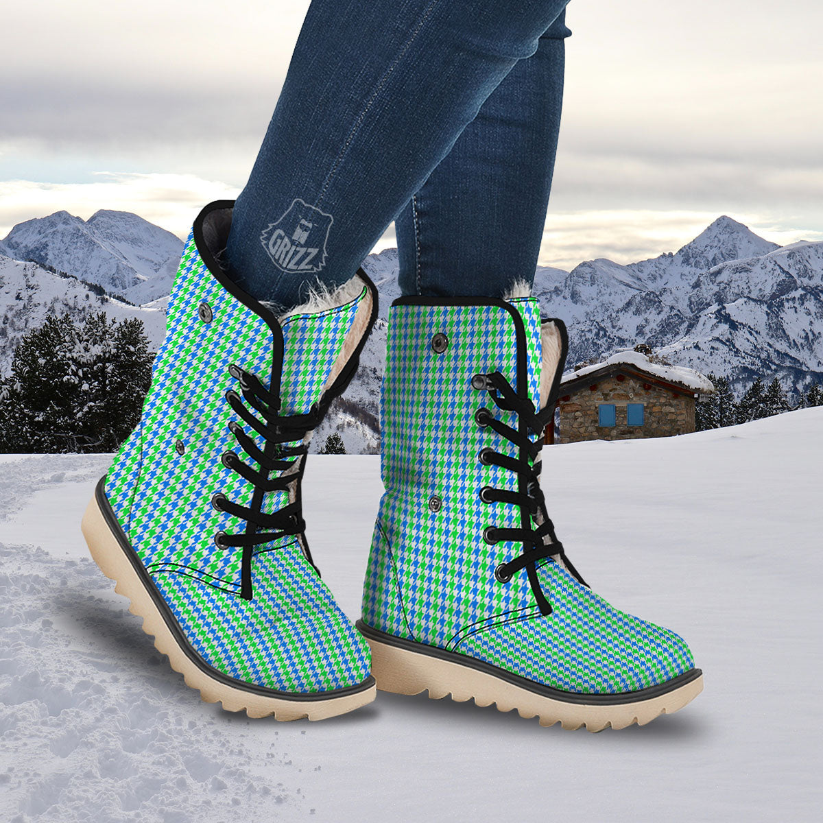 Green Blue And White Houndstooth Print Snow Boots-grizzshop