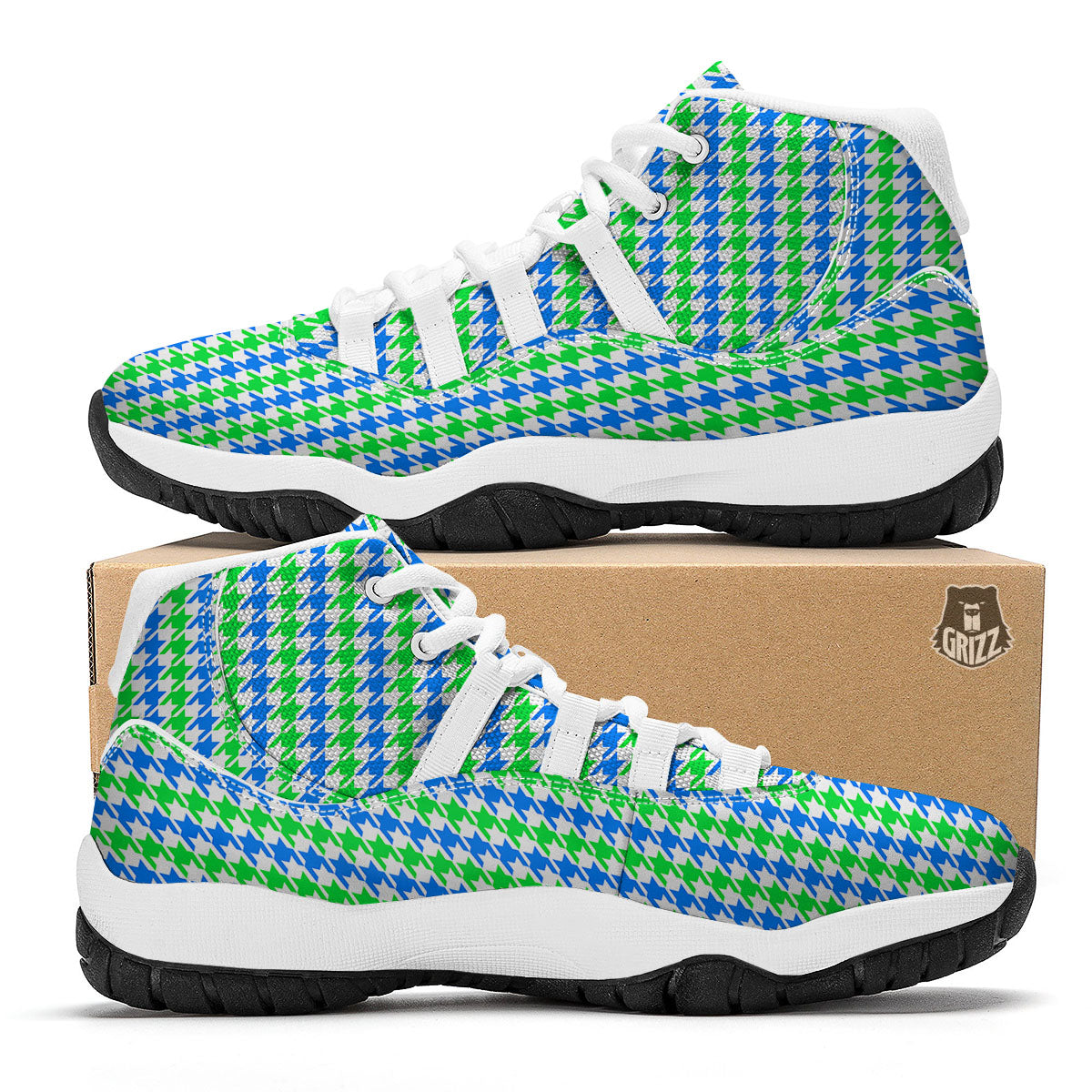 Green Blue And White Houndstooth Print White Bball Shoes-grizzshop