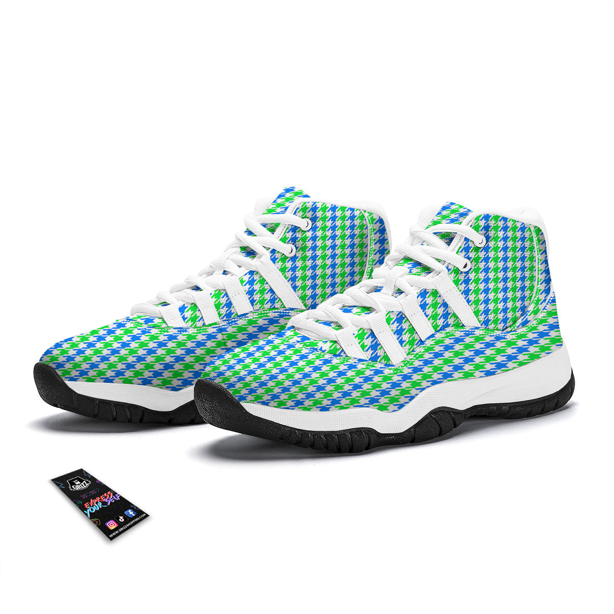 Green Blue And White Houndstooth Print White Bball Shoes-grizzshop