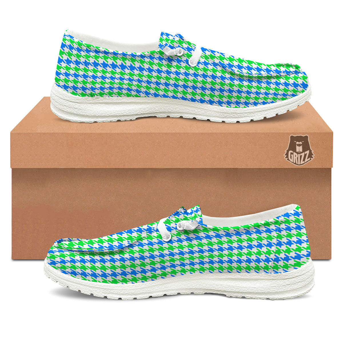 Green Blue And White Houndstooth Print White Loafers-grizzshop