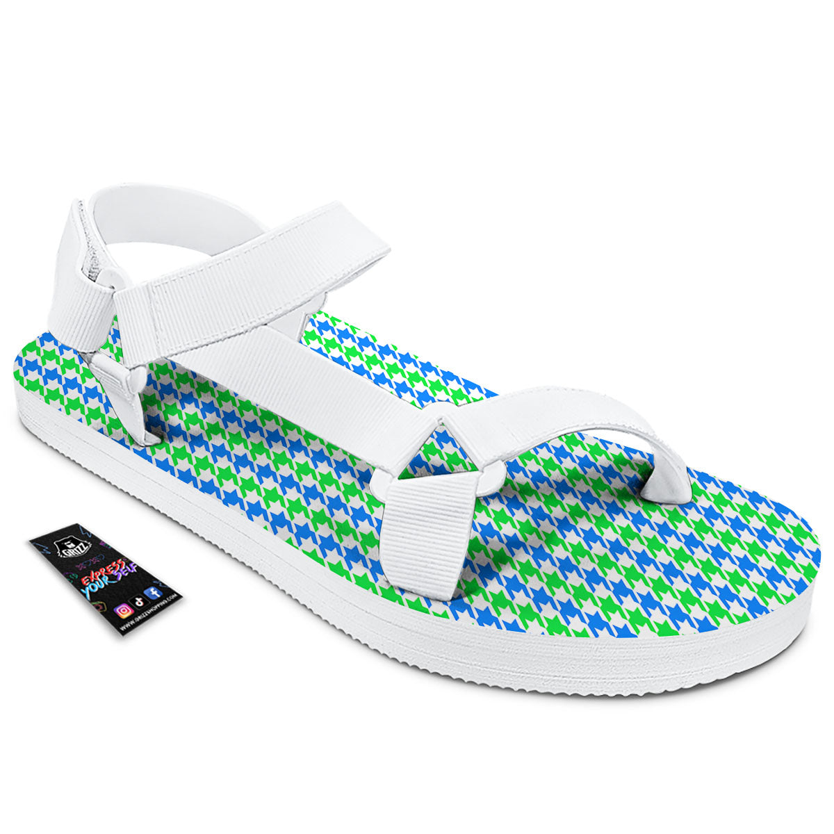 Green Blue And White Houndstooth Print White Open Toe Sandals-grizzshop