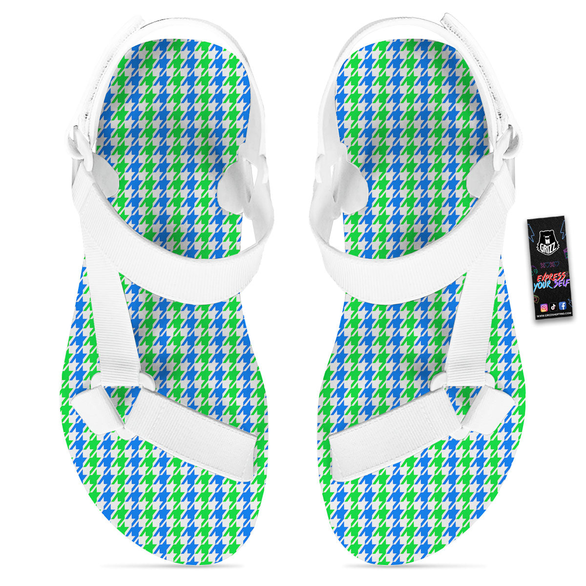 Green Blue And White Houndstooth Print White Open Toe Sandals-grizzshop